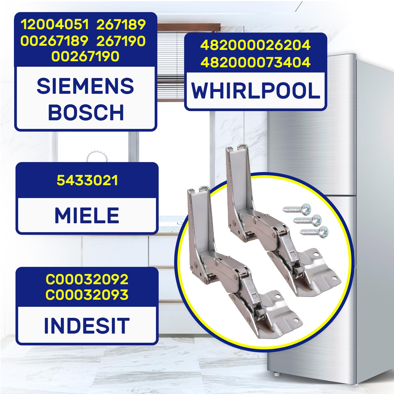 2 Stück Kühlschrank Scharnier Oben und Unten für Tür Einbaukühlschrank mit Gefrierschrank mit dem Originalcode 12004051 267189 267190 für Bosch für Siemens - Garantie 10 Jahre - MONTERAL