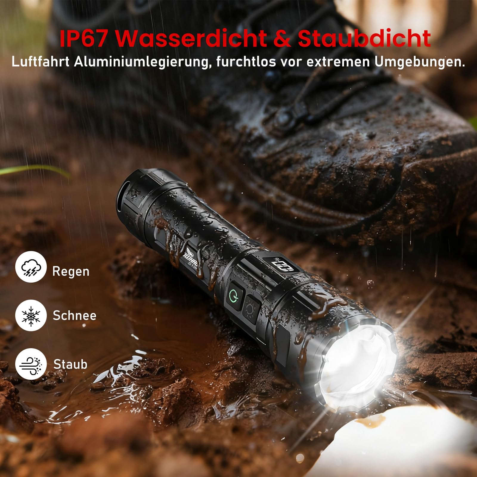 Shadowhawk Taschenlampe Led Aufladbar 2-Stück | Taktische Taschenlampe (2 Schalter) 500000 Lumen Extrem Hell, Bis zu 1000m Reichweite, 12h Laufzeit für Camping/Outdoor/Wandern, Anpassbare Helligkeit