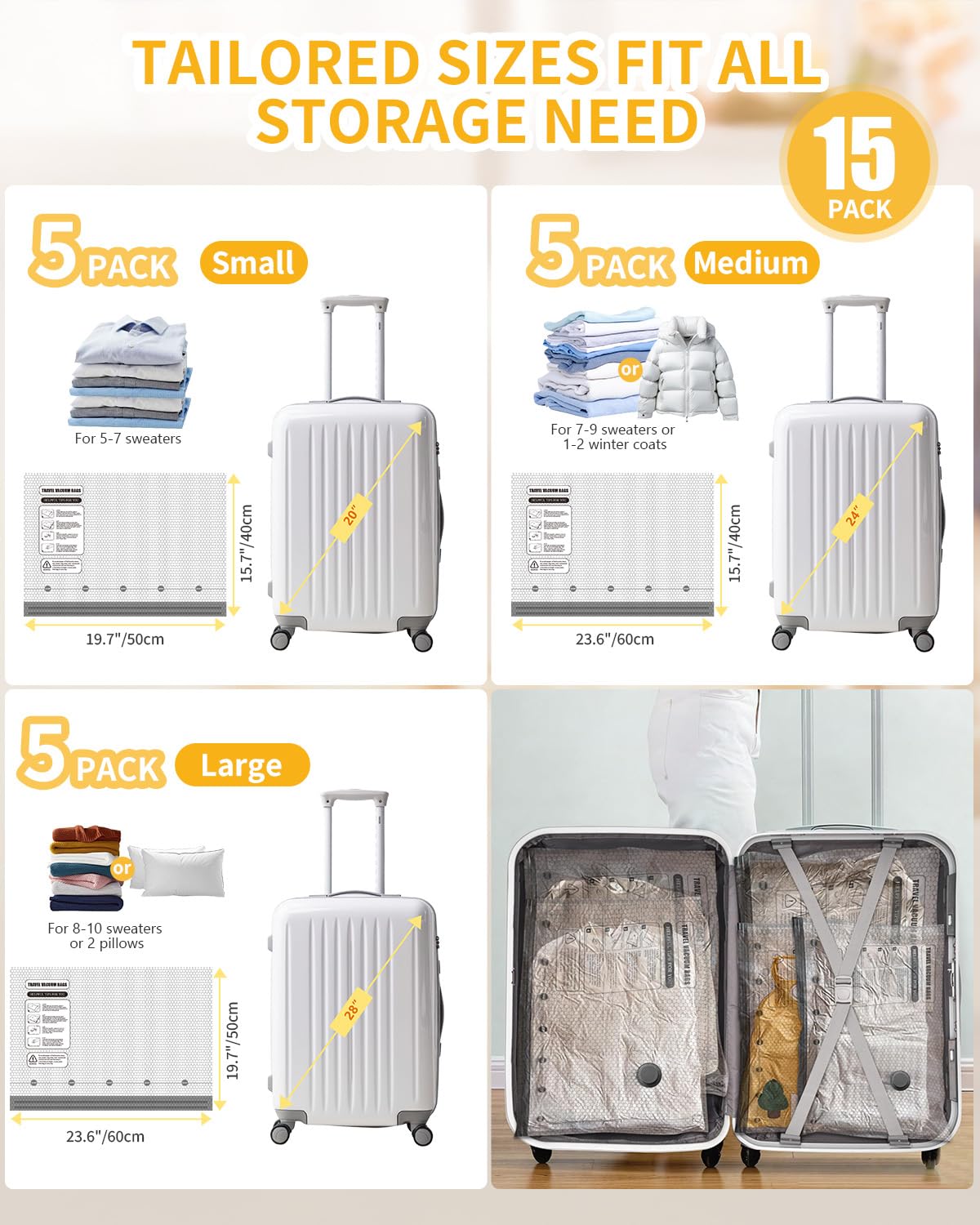 Lot de 15 sacs de rangement sous vide pour voyage avec pompe à air à double usage, sacs de compression sous vide pour vêtements, valises, essentiels de voyage pour la rentrée scolaire, l'université
