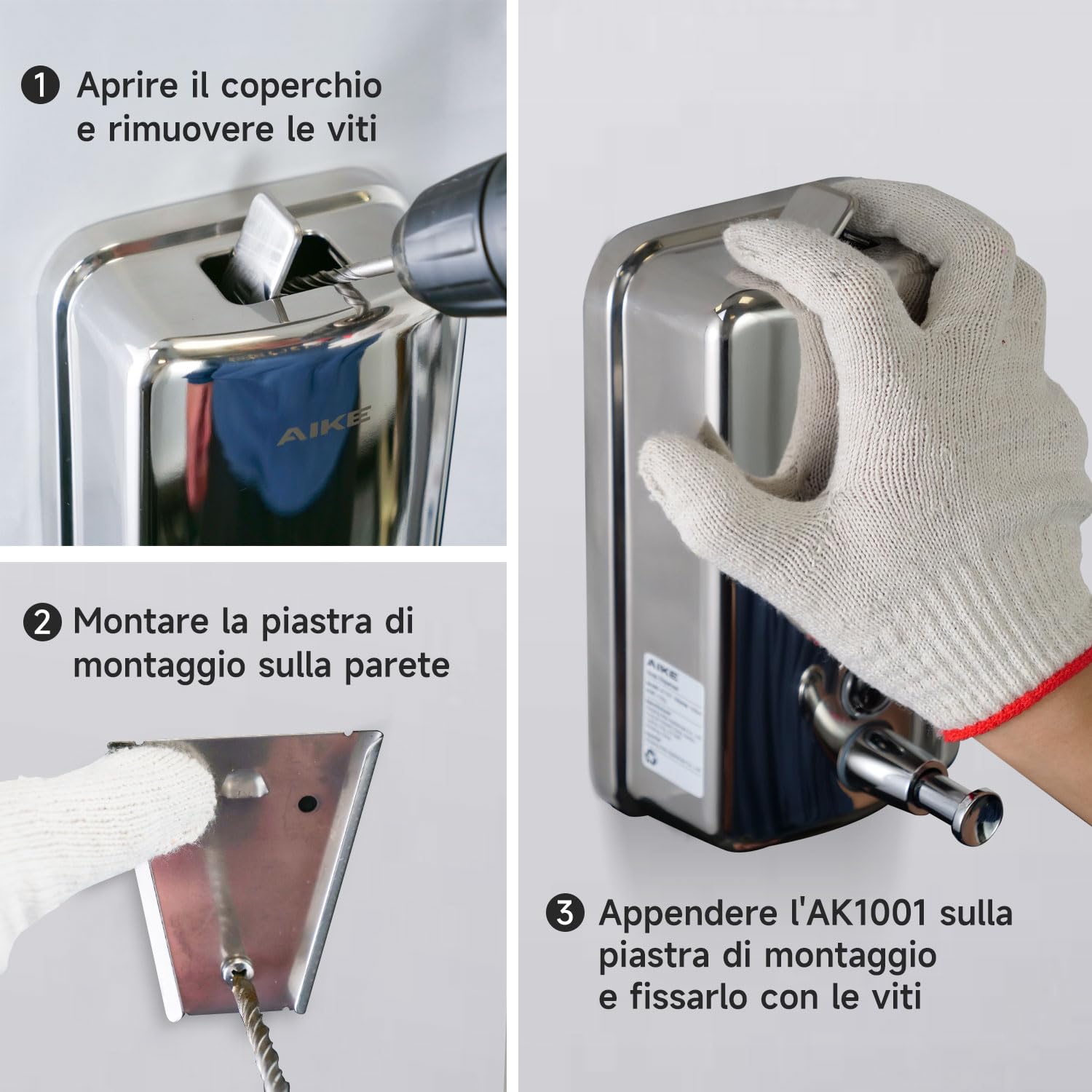 AIKE Dispensatore di Sapone Liquido Commerciale a Parete Manuale, in Acciaio Inossidabile Lucido da 1000 ml, AK1001 (Lucido)