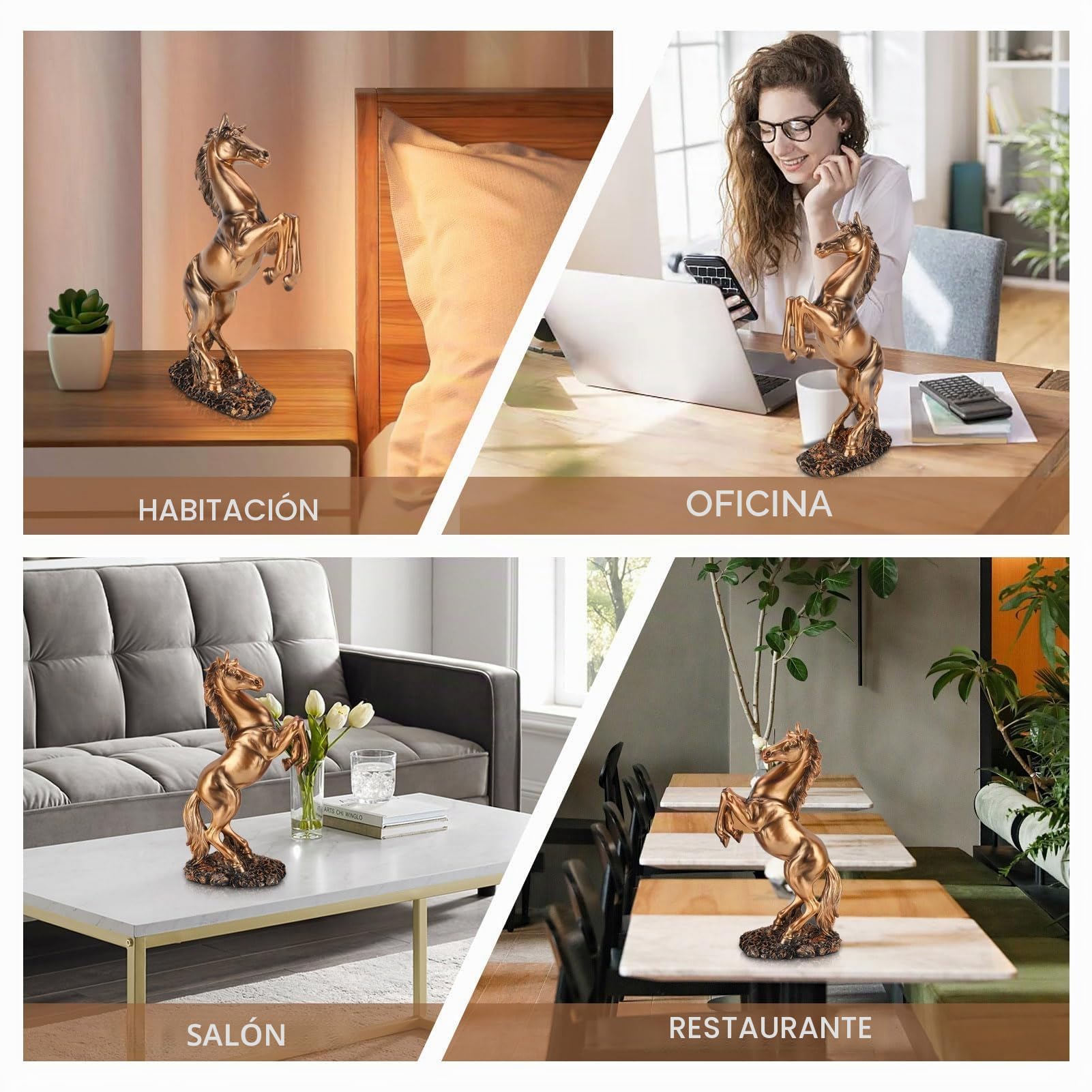 HERCHR Estatua de Caballo de pie Estatua de Resina, Estilo Europeo Escultura decoración Animal, Oro Blanco Cobre Acabado Feng Shui Ornamento para la estantería de Escritorio de la Oficina en el hogar
