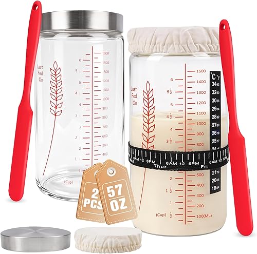 57oz Sourdough Starter Jars, Extra Large Glass Jar & Complete Baking Kit for Perfect Sourdough Bread, Sour Dough Starter Jars Includes Fermentation Cover & Aluminum Airtight Lid (Red Set of 2)
