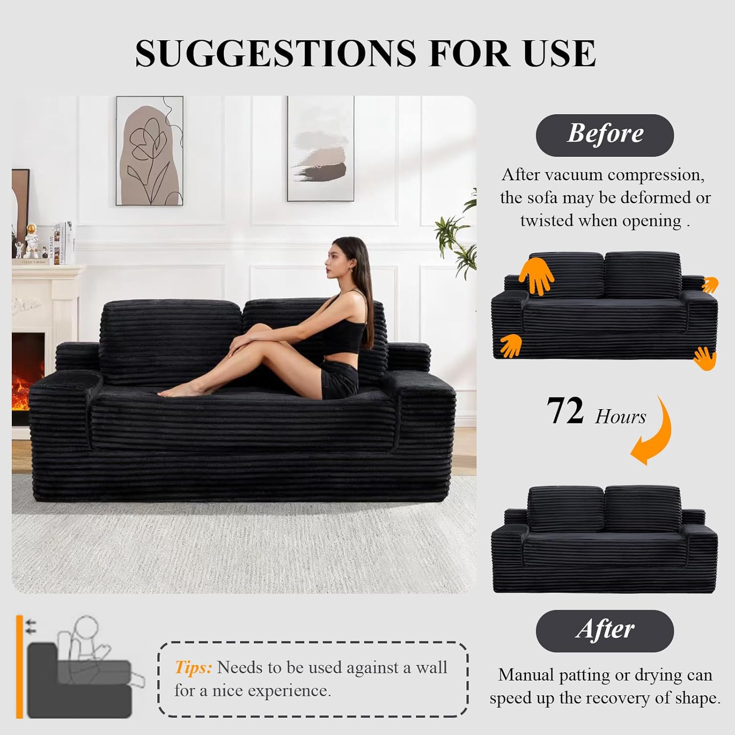 Oversized Folding Convertible Sofa Bed, Corduroy Upholstered 3 in 1 Folding Couch Bed with Wide Armrest, Loveseat Sleeper Sofa Bed with Side Storage Pocket, Floor Sofa for Living Room (Black)