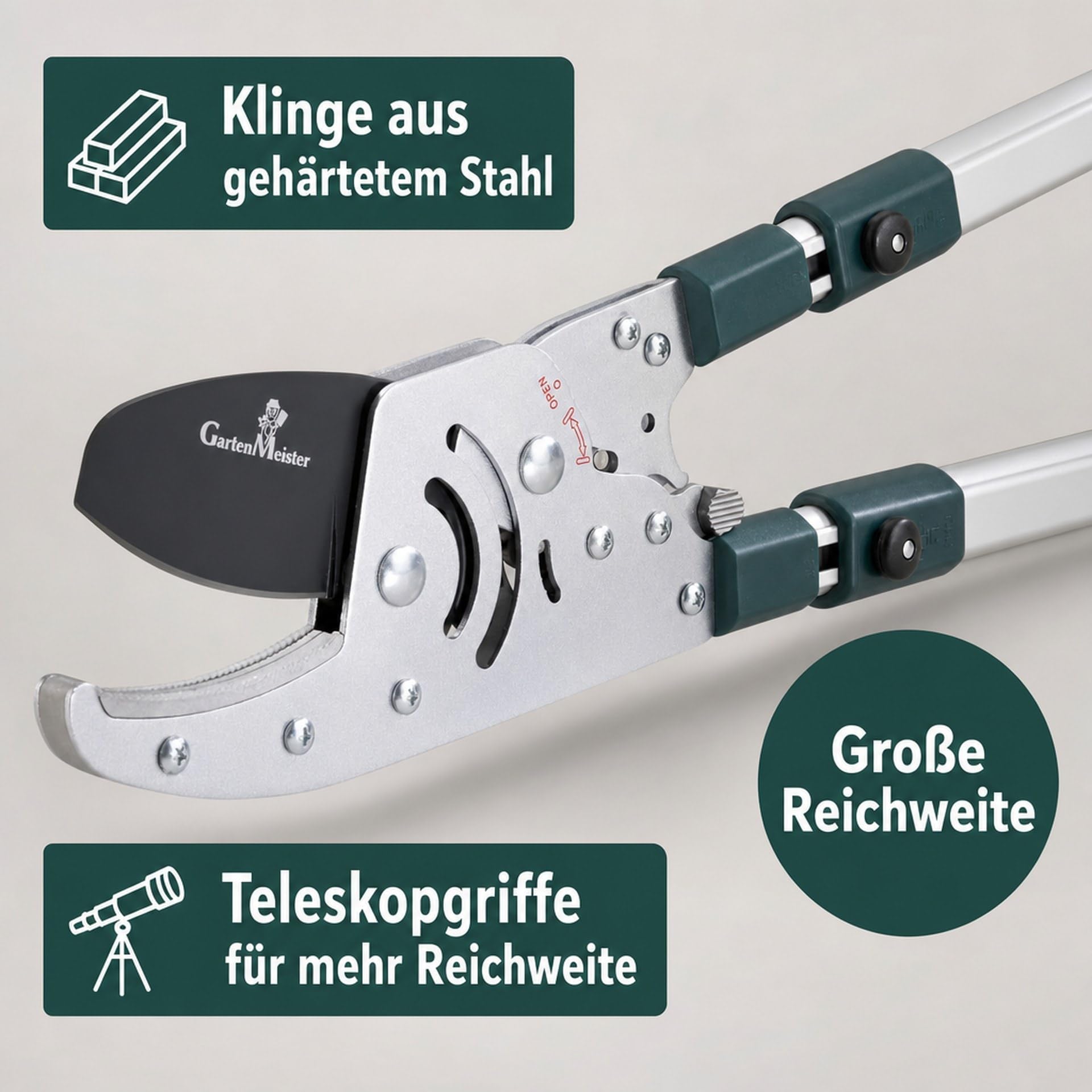 Sekator z ratchetem Amboss Astratschenschere teleskopowy 50 mm cięcia, hartowane ostrza, antypoślizgowe uchwyty, lekki 1890 g do grubych gałęzi w ogrodzie