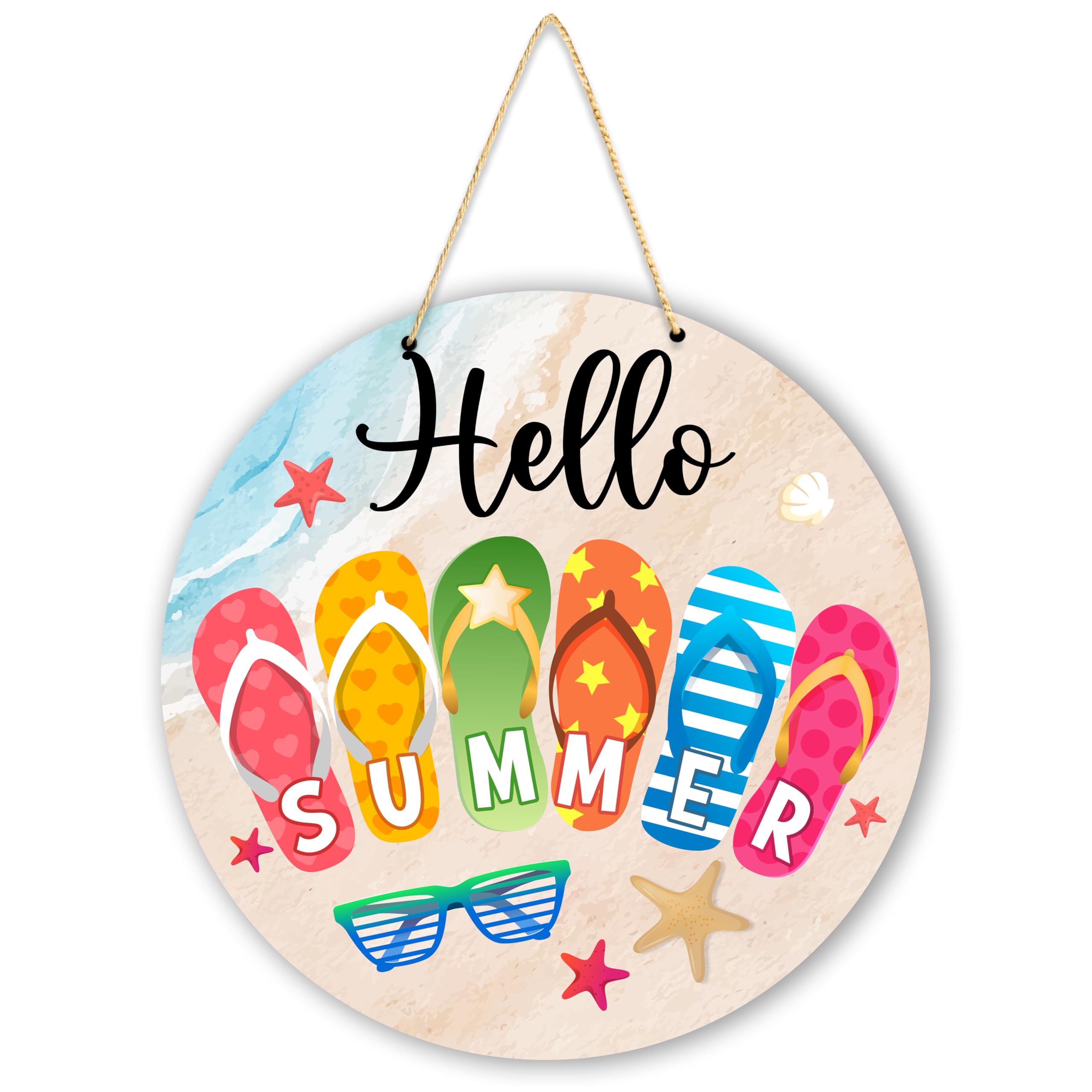 Kqfdr Summer Decorations for Home, Flip Flop Summer Wreaths for Front Door Wall Decor, 12 In Round Wooden Hanger for Pool Farmhouse Porch - A01