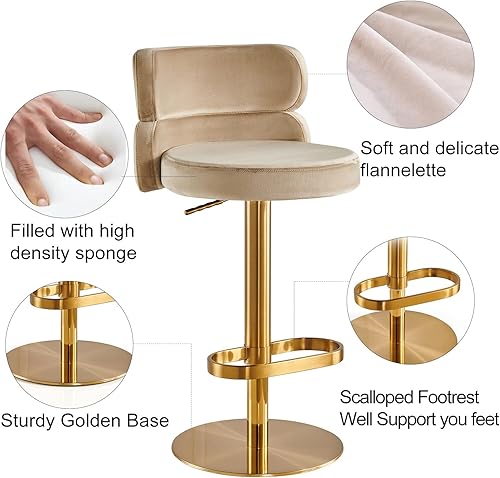 Miniatura 3 de Taburete de bar giratorio dorado de terciopelo de felpa en color caqui con altura ajustable, capacidad de peso de 320 libras, ideal para uso