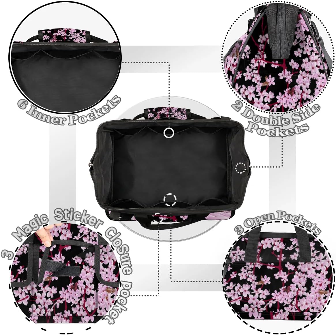 Cherry Blossoms Texture Tool Bag with Shoulder Strap Organizer Pockets Tools Tote Bags for Men Women Adult Toolbag for Car Home Work Travel Storage