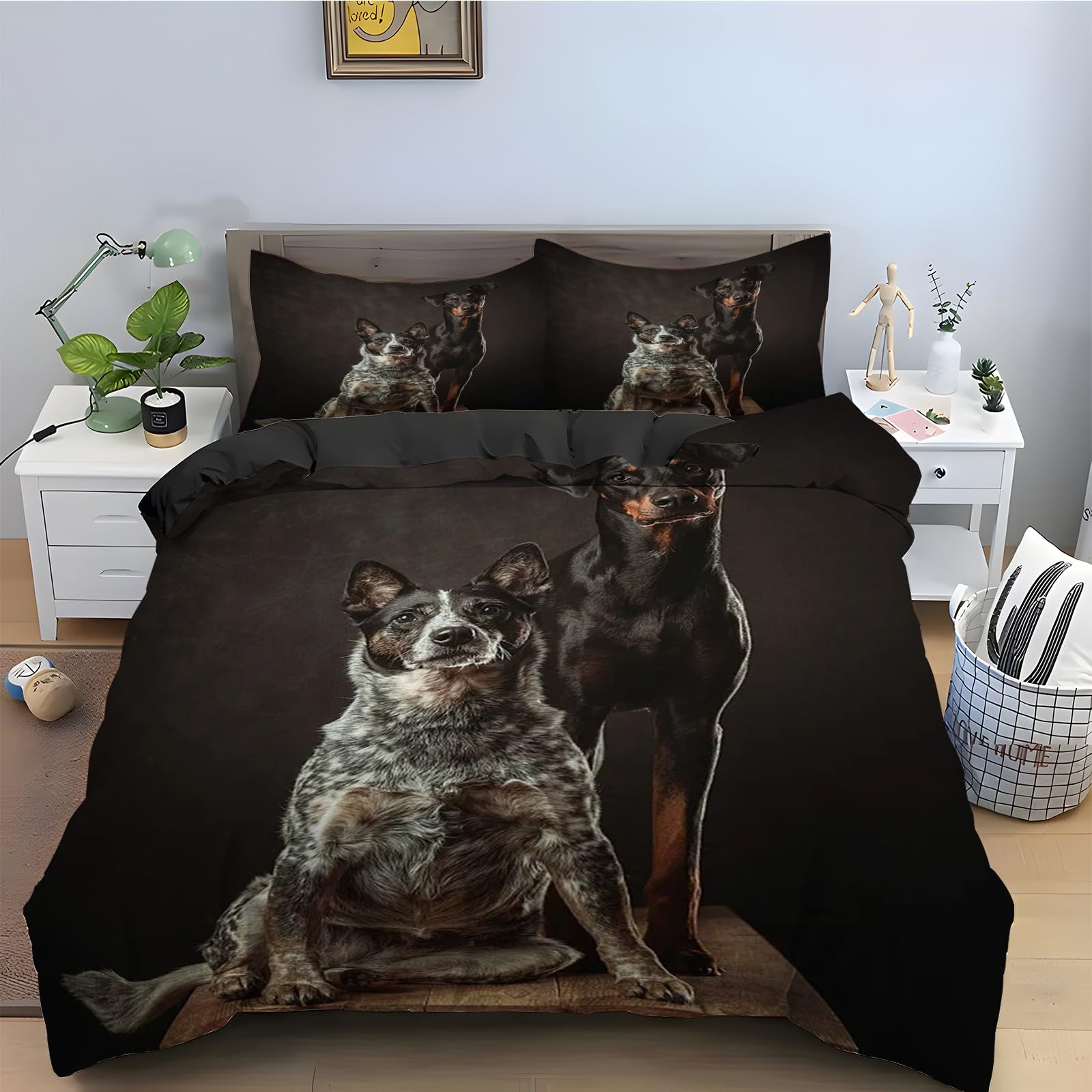 Parure de Lit Chien-Loup Housse de Couette 160x200 en Microfibre 3 Pcs