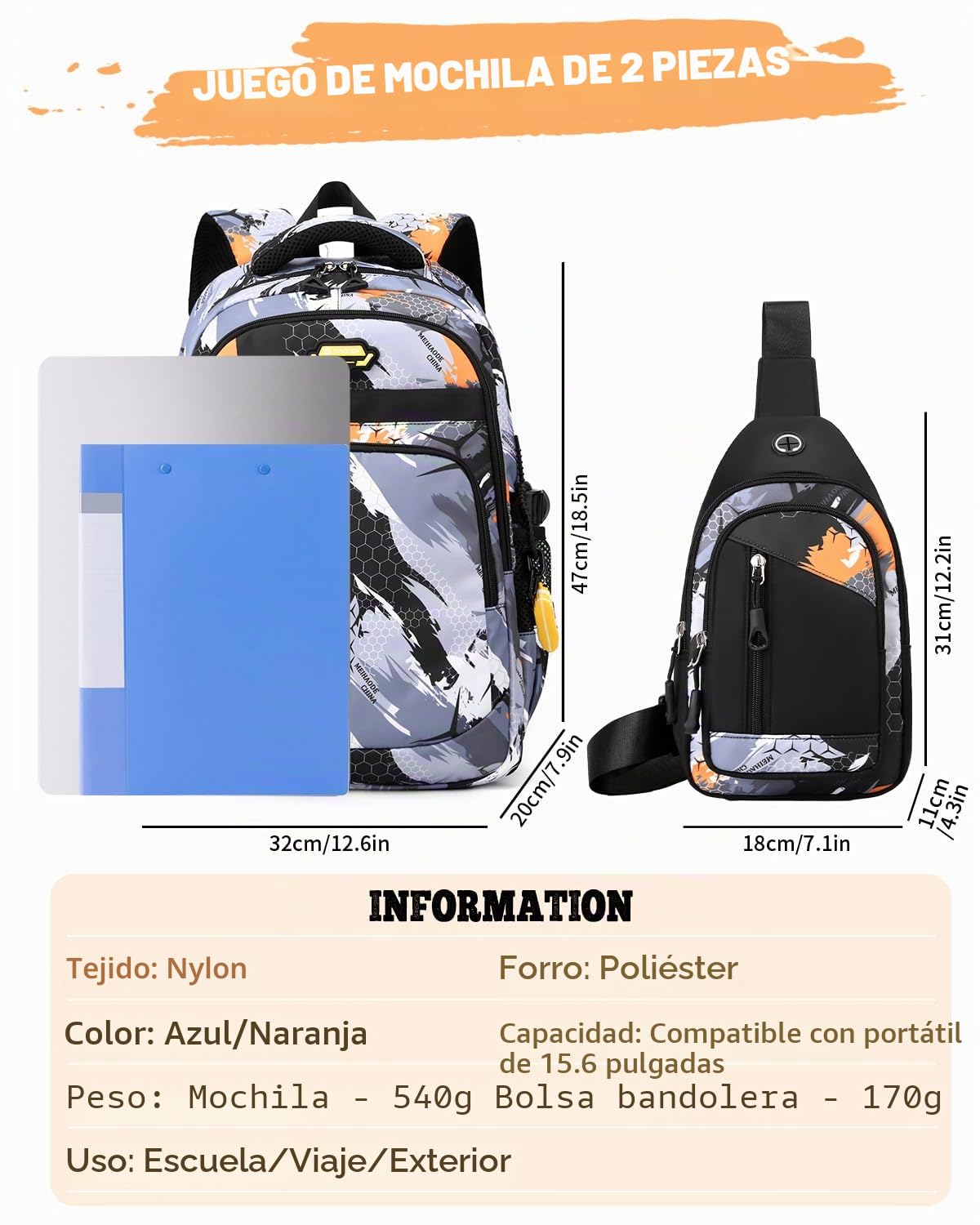 Tanou Mochila Escolar Adolescente Niño, Mochilas Escolares Grandes para Chico de 10 a 18 años, Mochila Instituto de Nylon Impermeable de 2 Piezas con Bolso de Pecho