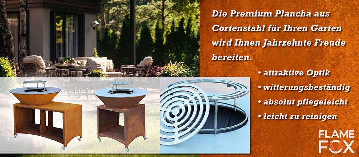Grill premium ze stołem ze stali kortenowskiej w zestawie z planchami ze stali nierdzewnej 100 cm I wysokiej jakości grill Plancha zapewnia doskonałe rezultaty grillowania, trwały piec