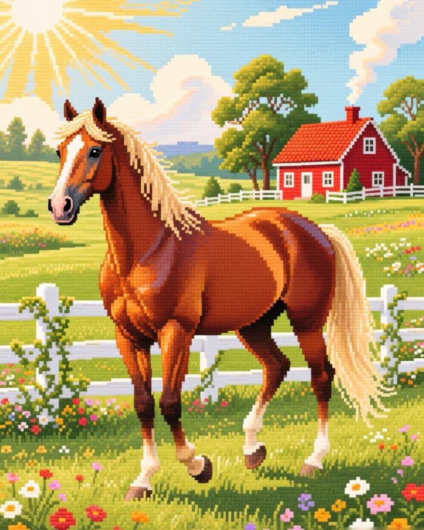 WallustrioaW Printed Cross Stitch Embroidery Patterns,Horses on the Farm,DIY 11CT Cross Stitch Embroidery Kits Craft Hobby Gift for Adults,40x50cm
