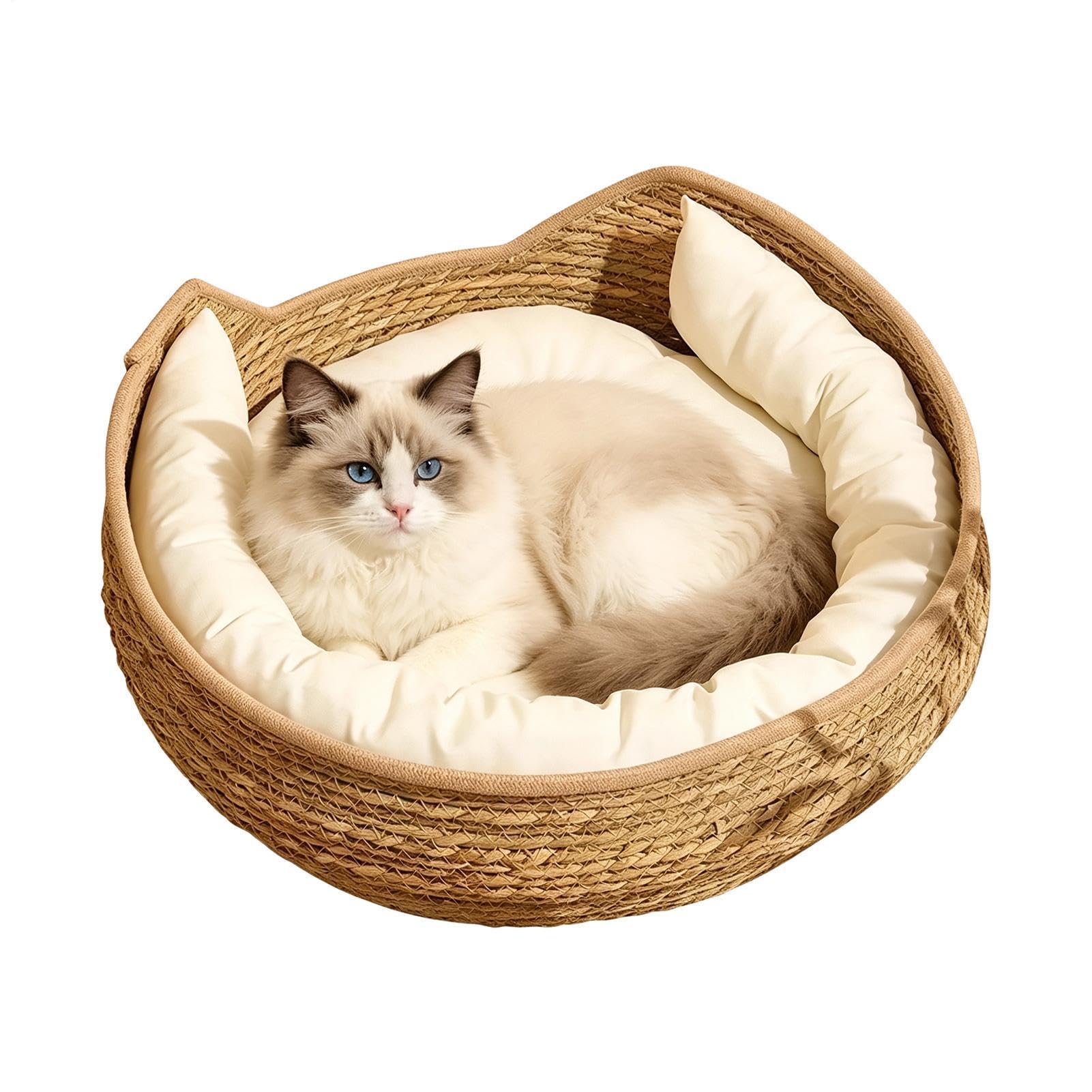 Yqooup Cotton Rope Woven Cat Bed Nest Round Washable Breathable Cat Basket