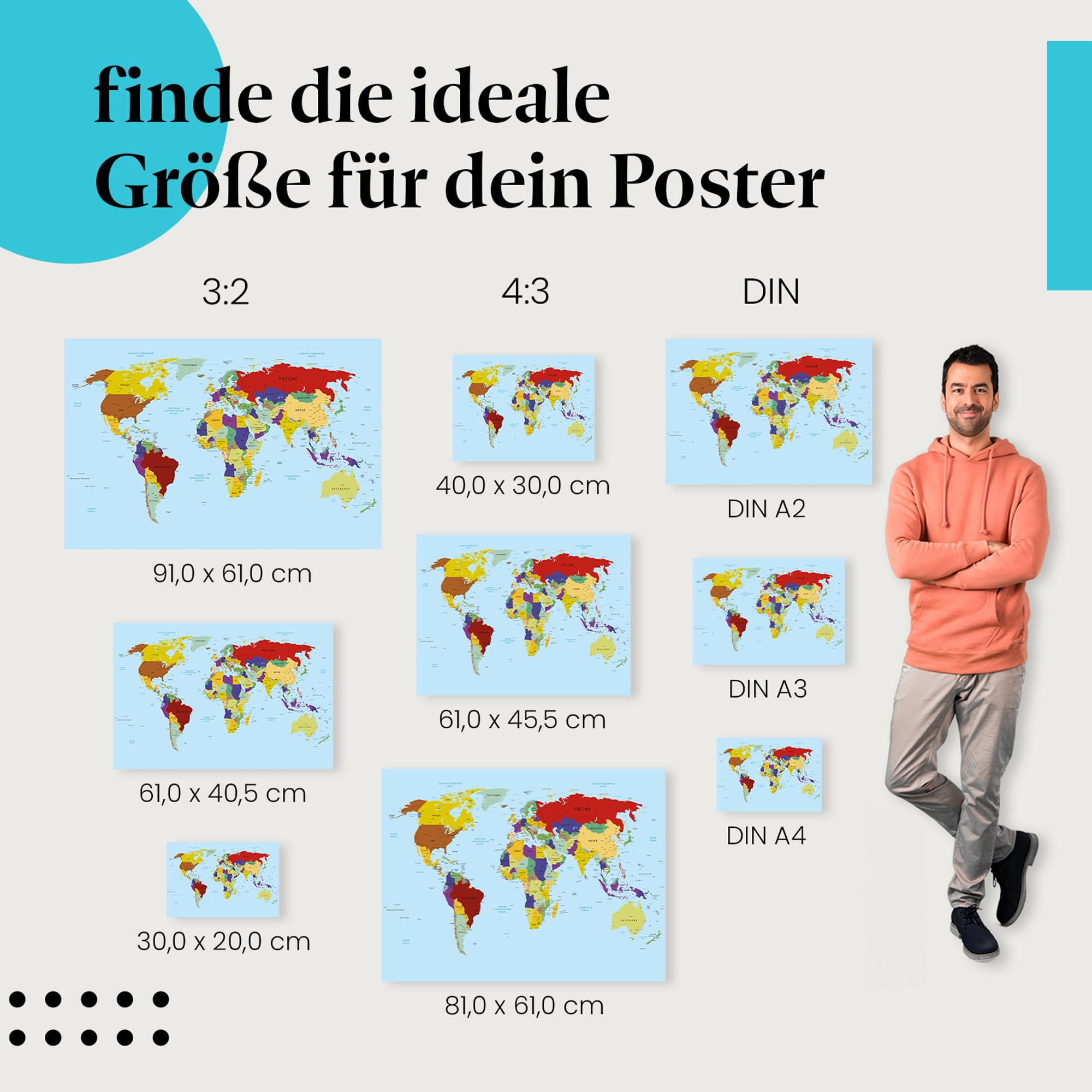 Postereck - 0672 - Politische Weltkarte, In Russisch Hauptstadt - Unterricht Klassenzimmer Schule Wandposter Fotoposter Bilder Wandbild Wandbilder - Leinwand - 75,0 cm x 50,0 cm