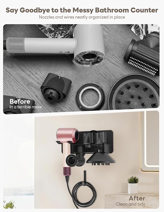 Hair Dryer Holder, Hairdryer Holder Wall Mounted for Dyson, Hair Dryer Holder Compatible with Dyson Supersonic Nural, Metal Hair Dryer Stand with Plug Cord Hook and Nozzle Storage