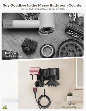 Hair Dryer Holder, Hairdryer Holder Wall Mounted for Dyson, Hair Dryer Holder Compatible with Dyson Supersonic Nural, Metal Hair Dryer Stand with Plug Cord Hook and Nozzle Storage