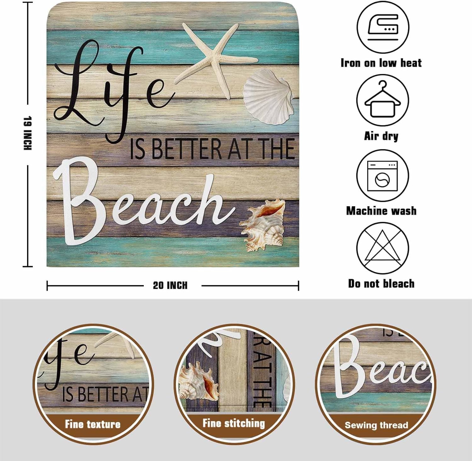 Life is Better at The Beach Chair Back Cover for Dining Room, Chair Covers Set of 6, Wood Grain Starfish Shell Summer Removable Washable Slipcovers for Kitchen Hotel Banquet Decor,18x19in