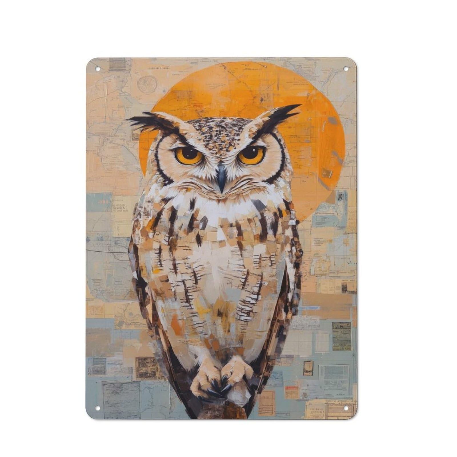 Owl Portrait with Map Background Vintage Tin Sign 40x30cm for Café Or Restaurant, for Café Owners And Decorators, for Retro Home Interiors