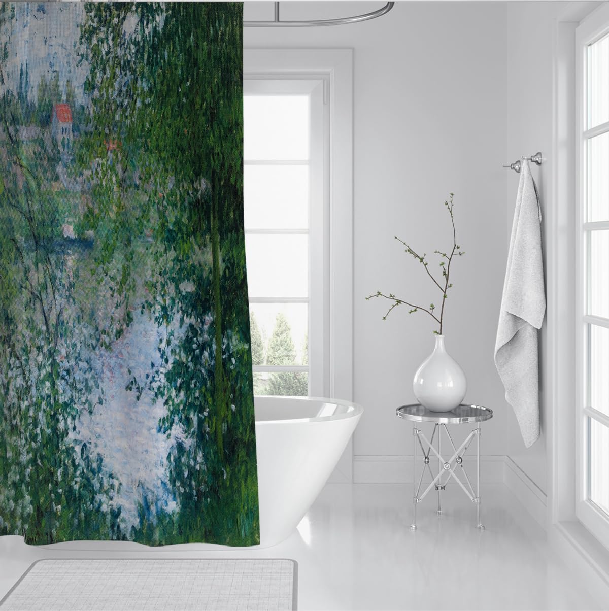 Impresjonistyczne zasłony prysznicowe w stylu retro, zielone drzewa, rzeka, natura, wodoodporne, szybkoschnące, z haczykami, 150 x 200 cm