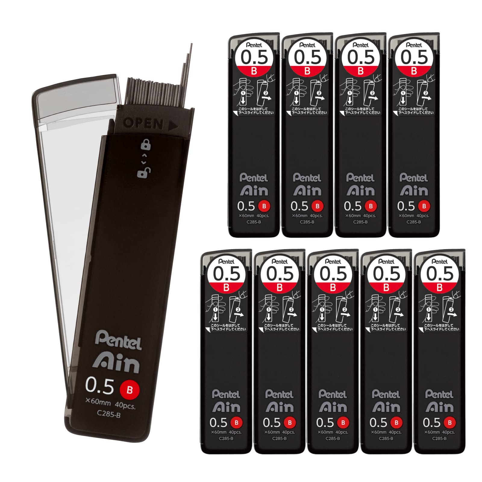 Pentel Ain Lead Refill • 0,5 mm • B • Caja de 10