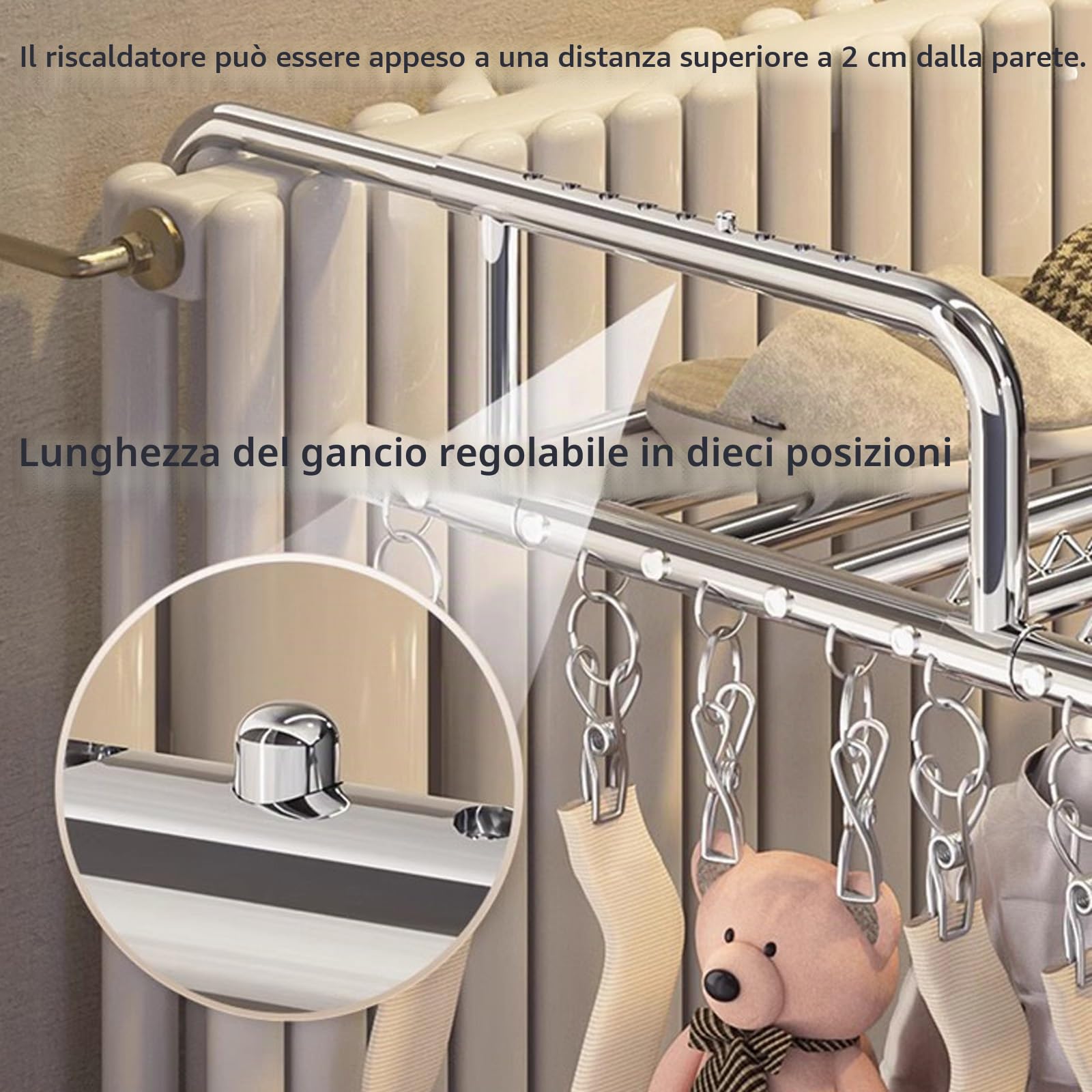 Stendino Da Termosifone, Stendibiancheria Da Balcone Da Appendere, Stendibiancheria Estensibile In Acciaio, Clip Per Calzini Autoportanti，Ripiegabile Stendino，Foro Ondulato Antivento(57-100cm)
