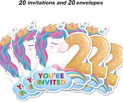 Miniatura 8 de Lindas invitaciones de unicornio para 6 fiesta con sobres, juego de 20 invitaciones de unicornio de seis formas, invitaciones para niñas de sexto