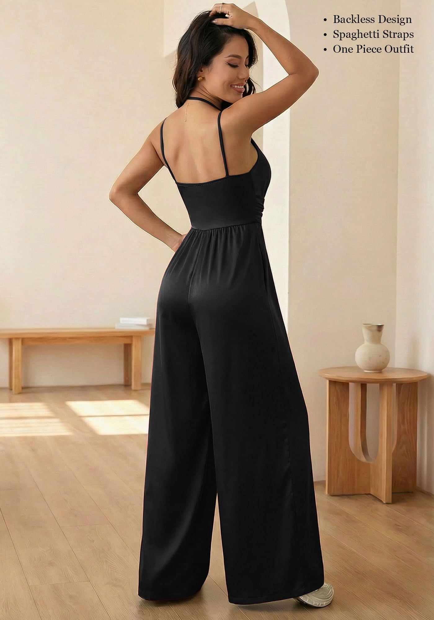 Tuta da donna One Piece con gamba larga, schiena scoperta, senza maniche, spalline sottili per estate, vacanze, tempo libero