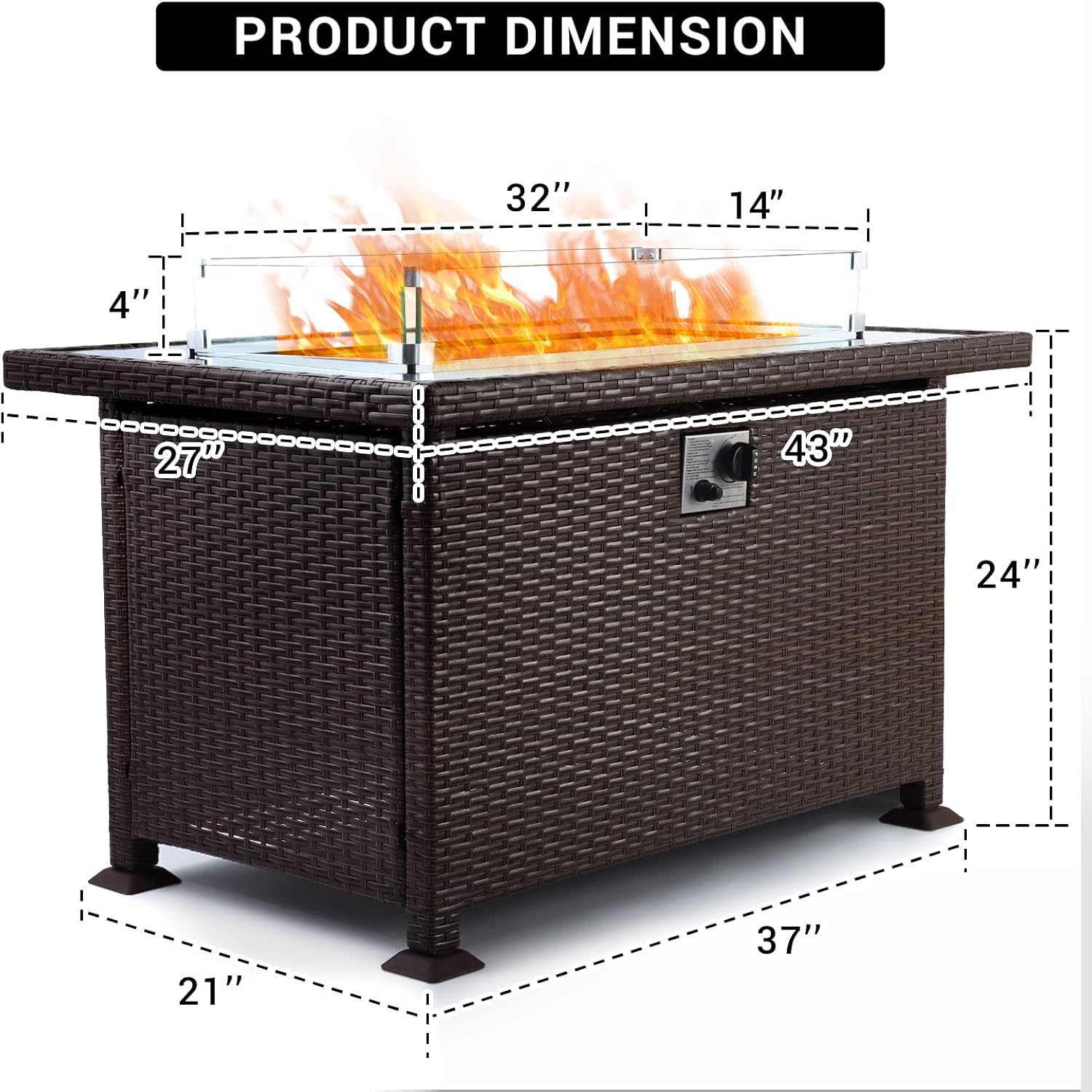 Propane Fire Pit Table Outdoor 44" 60000BTU Auto-Ignition Gas Fire Pits Table with Wind Guard Square Large Wicker Propane Firepits Rattan Fire Pits Table for Patio Garden Dinning
