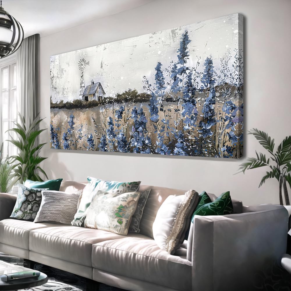 Wall Art Vintage Farmhouse Canvas Print Retro Countryside Flower Field Nature Meadow Landscape Rustic Windmill Barn Picture Framed Artwork for Home Bedroom Living Room Black Purple 58x28in