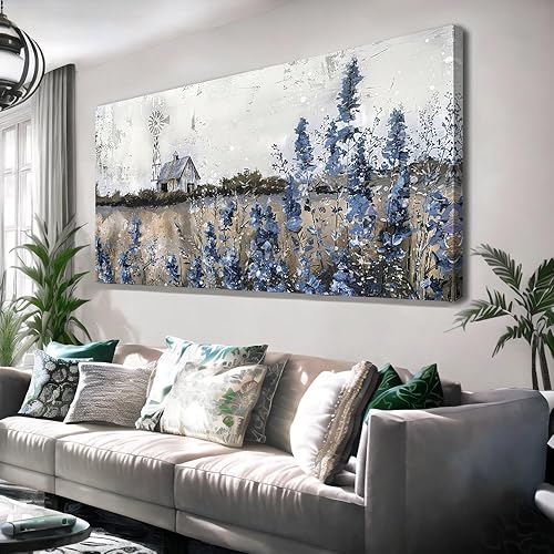 Arte de pared vintage de granja, impresión en lienzo retro campo, campo de flores, naturaleza, prado, paisaje, molino de viento rústico, granero,