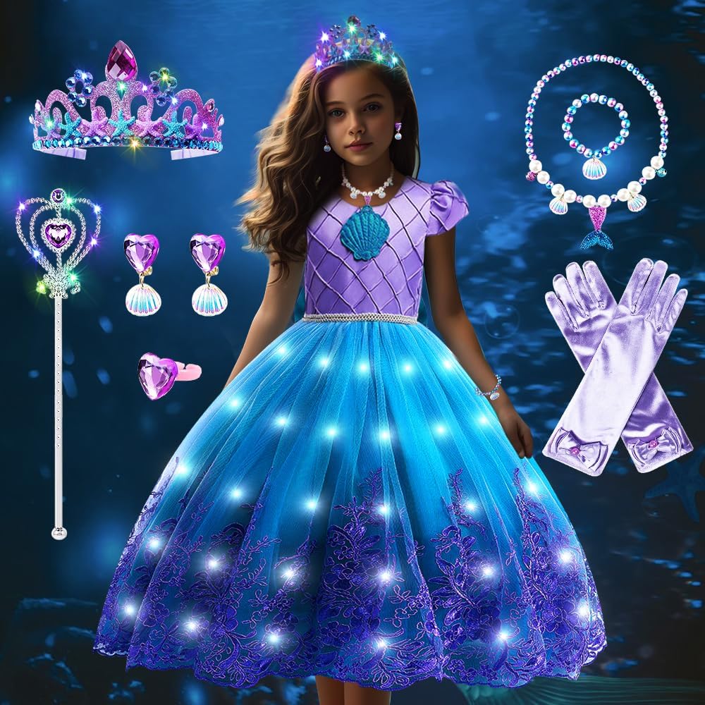 Mermaid Costume Kids, Light up Dress for Girls, Glowing Mermaid Princess Fancy Dress with LED Princess Crown Magical Stick Set for Birthday Party Carnival Halloween Cosplay