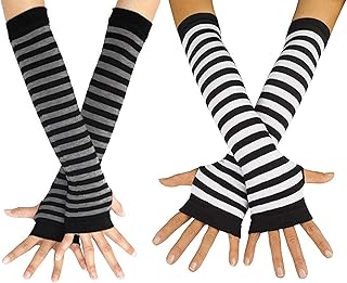 2 Pairs Striped Long Arm Warmer Fingerless Gloves Punk Gothic Rock