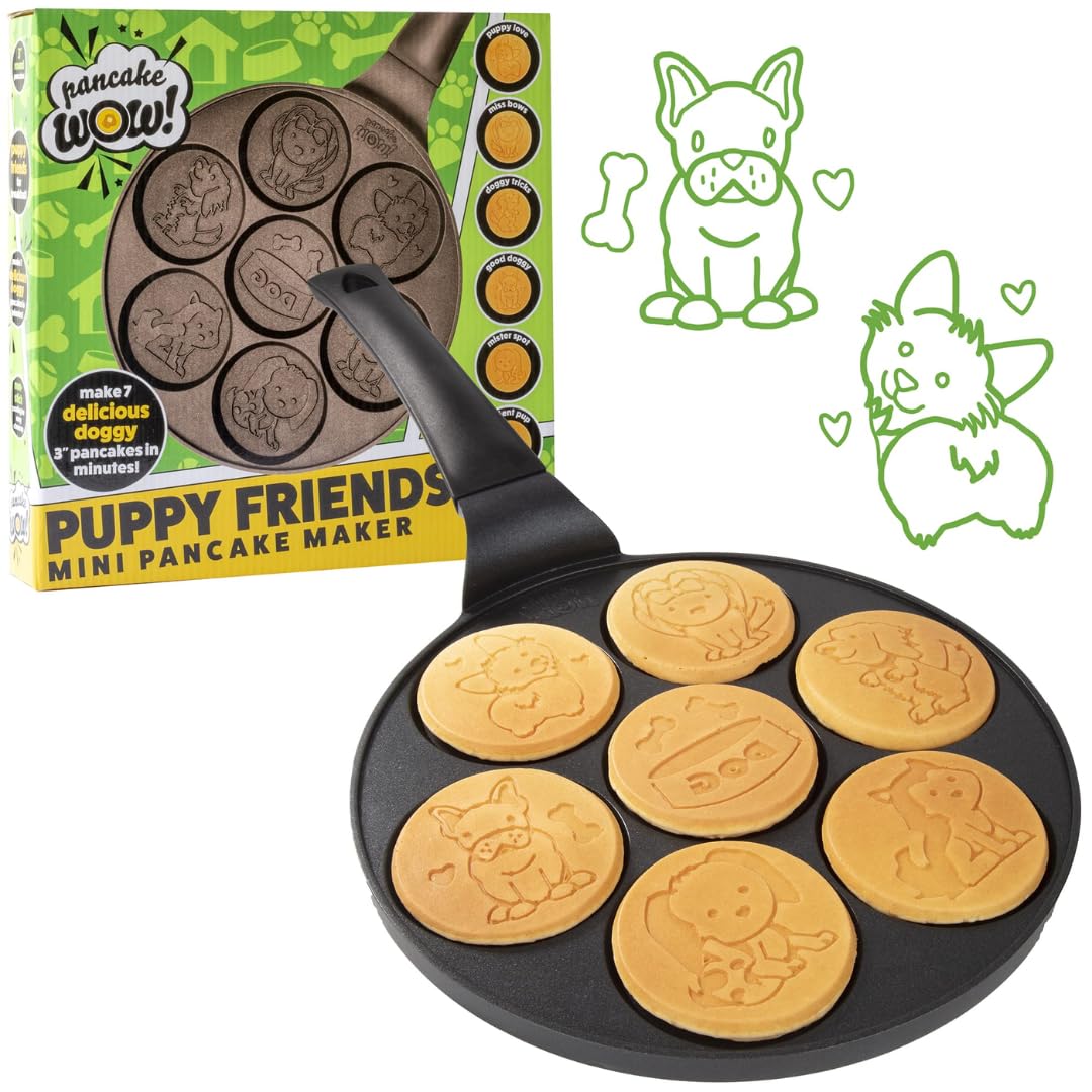 Puppy Friends Mini Pancake Pan- Make 7 Unique Flapjacks- Nonstick Griddle w Long Handle for Breakfast Pup Animal Fun & Easy Cleanup Fun Dog Related Gift for Kids & Adults, Boys Girls, Party Treat