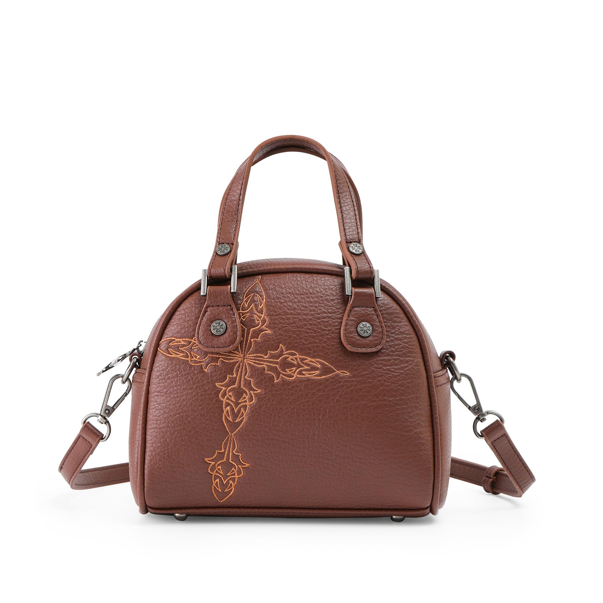 Von Dutch Bowling Bag Purse, Small Bag Crossbody Strap and Top Handles, 8" L x 7" H x 7.5" W, Y2K Purse (Brown Chopper)