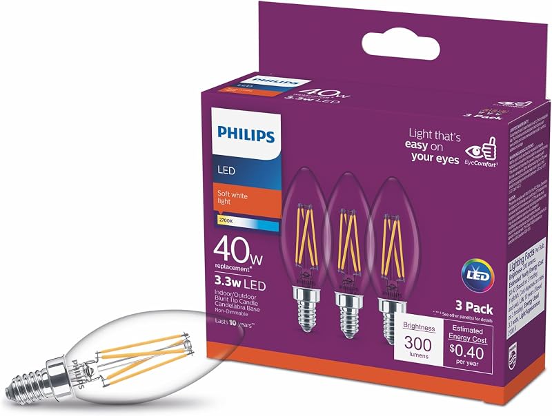 LED Clear Non-Dimmable B11 Light Bulb - EyeComfort Flicker Free - 3.3W = 40W, 300 Lumen - Soft White (2700K) - E12 Base - Indoor - Pack of 3