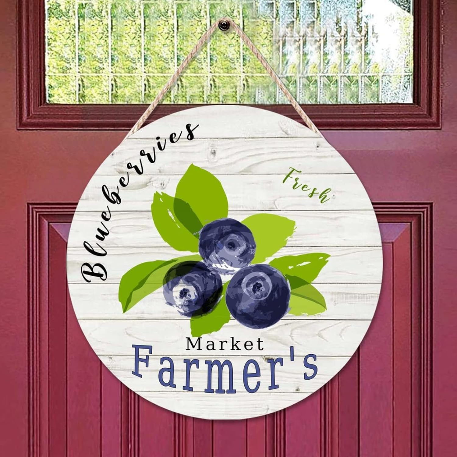 Vintage Fruit Blueberry Wood Door Sign, Vintage Front Door Round Wood Sign, 16x16in Fresh Wall Door Hanging Sign Decor for Outdoor Front Porch Farmhouse Housewarming Gifts