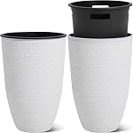 Worth Garden 2-Pack 21" H. White Tall Planters with Inside Pots - 14'' Dia Plastic Large Round Plant Tree Pots - Decorative Imitation Stone Finish for Indoor Outdoor Front Porch Container Patio