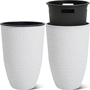 Worth Garden 2-Pack 21" H. White Tall Planters with Inside Pots - 14'' Dia Plastic Large Round Plant Tree Pots - Decorative Imitation Stone Finish for Indoor Outdoor Front Porch Container Patio