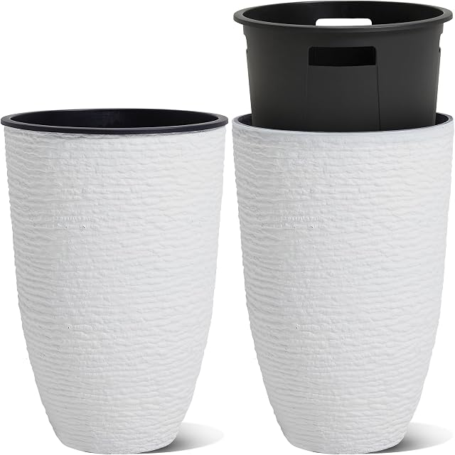Worth Garden 2-Pack 21" H. White Tall Planters with Inside Pots - 14'' Dia Plastic Large Round Plant Tree Pots - Decorative Imitation Stone Finish for Indoor Outdoor Front Porch Container Patio