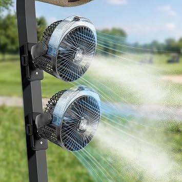 BOYISEN 2-Pack Golf Cart Fan with Mister, 2x Magnets & Secure Strap, 12000mAh Battery Operated Misting Fan with 4 Speeds, LED, Timer, Ideal for EZGO Club Car Yamaha, Golf Cart, Cruise Ship Accessories