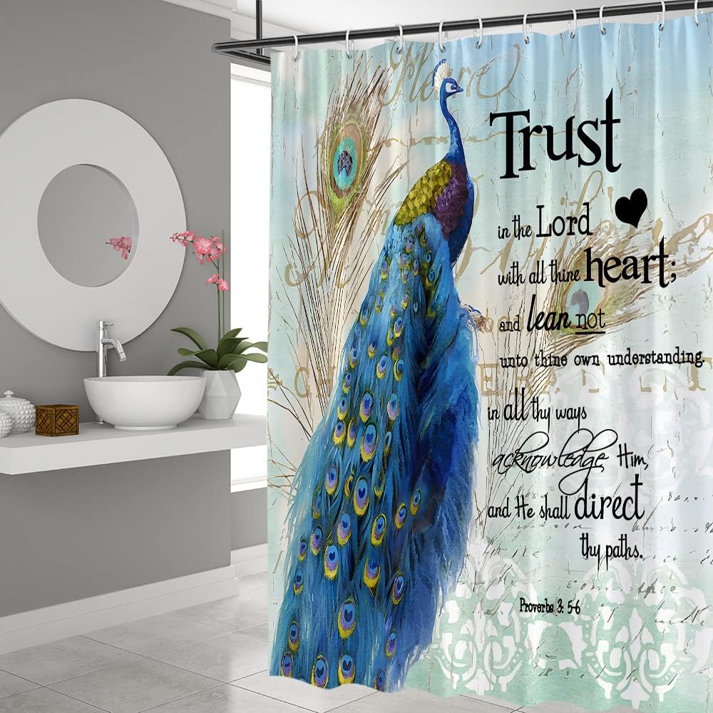 Peacock Shower Curtain Inspirational Quote Trust in The Lord with All Thine Heart Motivational Word Proverb Asian Beautiful Bird Vintage Bathroom Set Fabric with Hooks 90Wx70H Inch