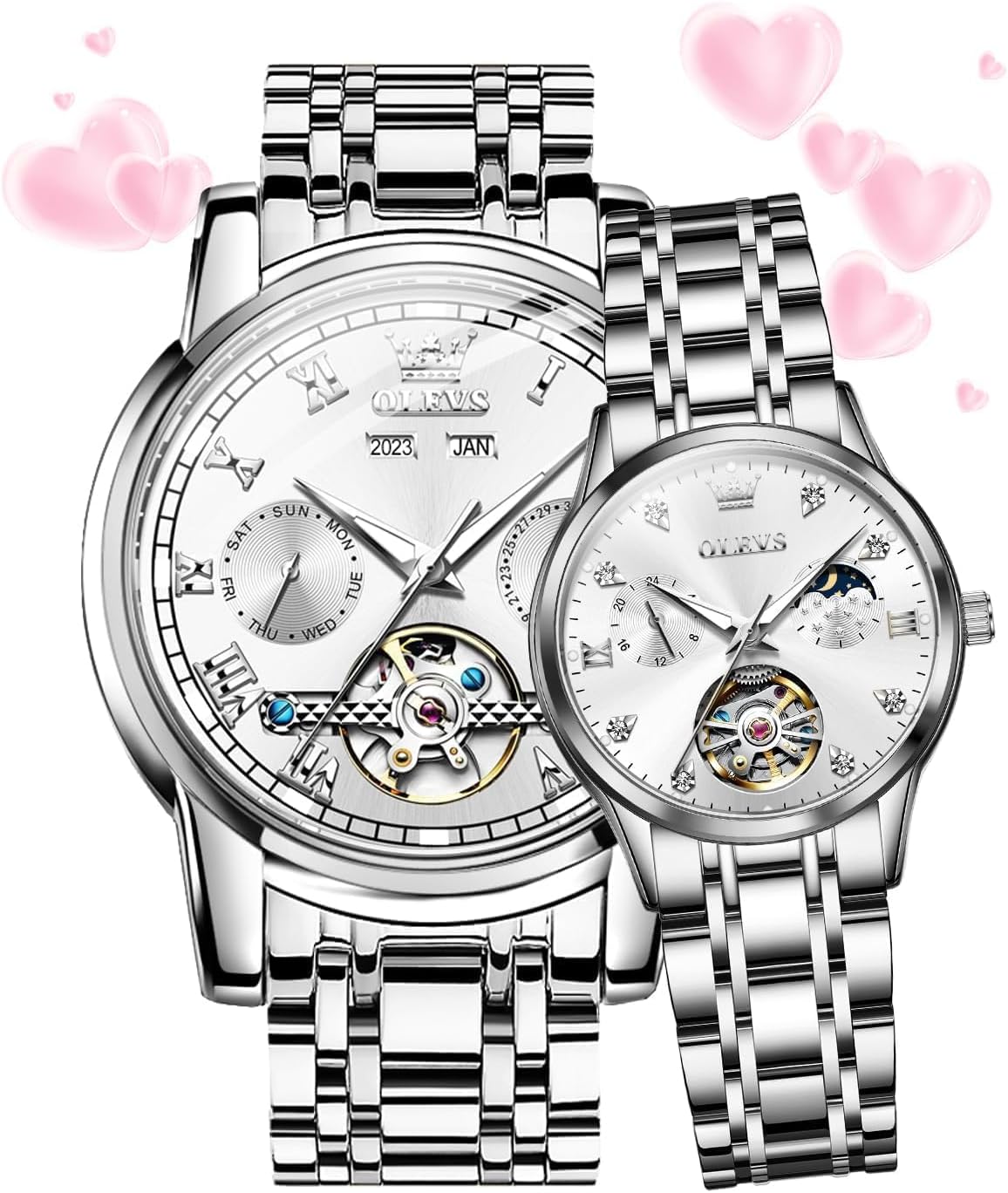 OLEVS Couple Watches Men and Women Automatic His and Her Set Watch Mechanical Tow Tone Stainless Steel Waterproof Luminous Date Wrist Watches