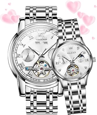 OLEVS Couple Watches Men and Women Automatic His and Her Set Watch Mechanical Tow Tone Stainless Steel Waterproof Luminous Date Wrist Watches