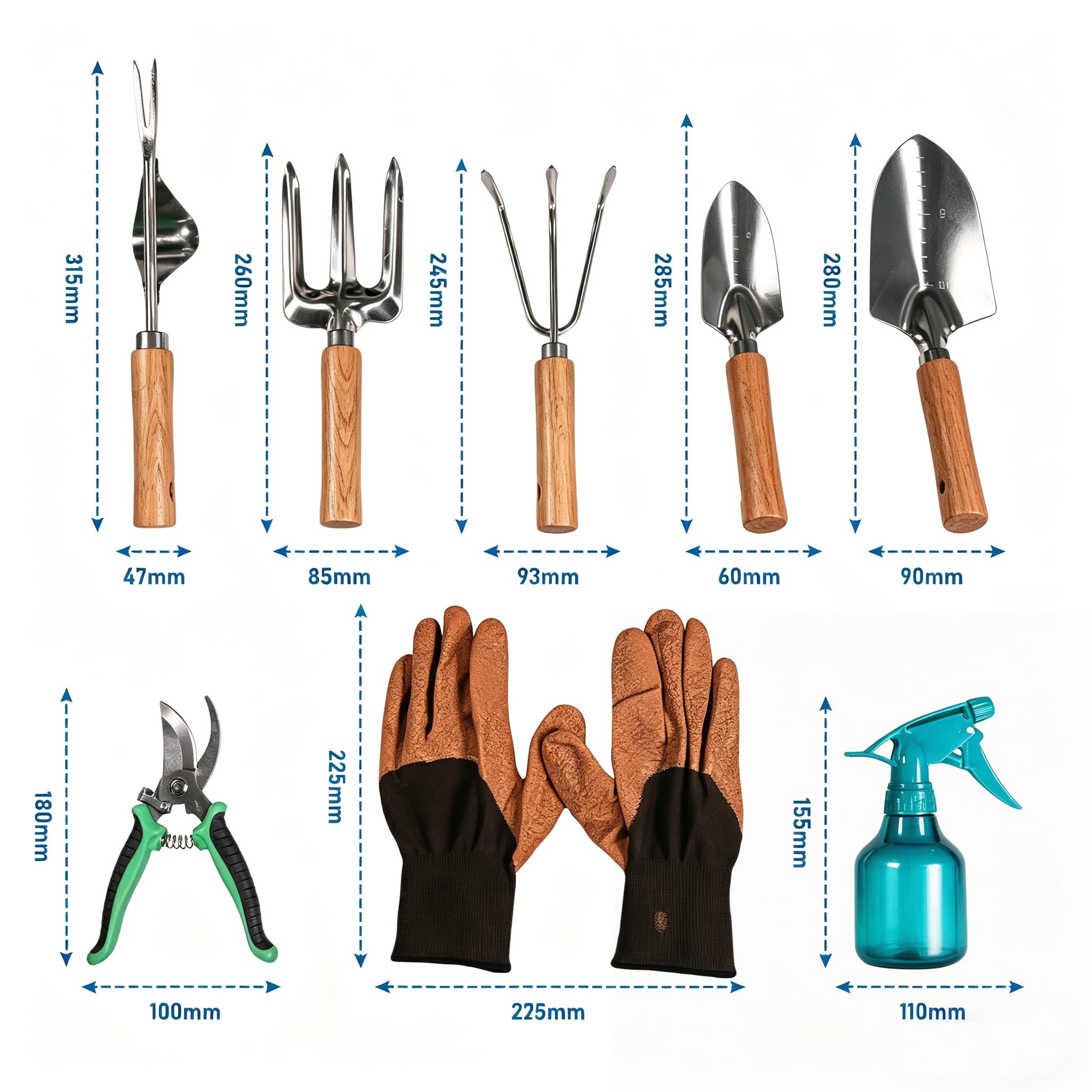 Gartenwerkzeug Set 9-teilig, Edelstahl Gartengeräte mit Aufbewahrungstasche, Gartenschere, Sprühflasche, Gartenhandschuhe, Unkrautstecher, für Gartenarbeit, Balkon, Geschenk für Gärtner