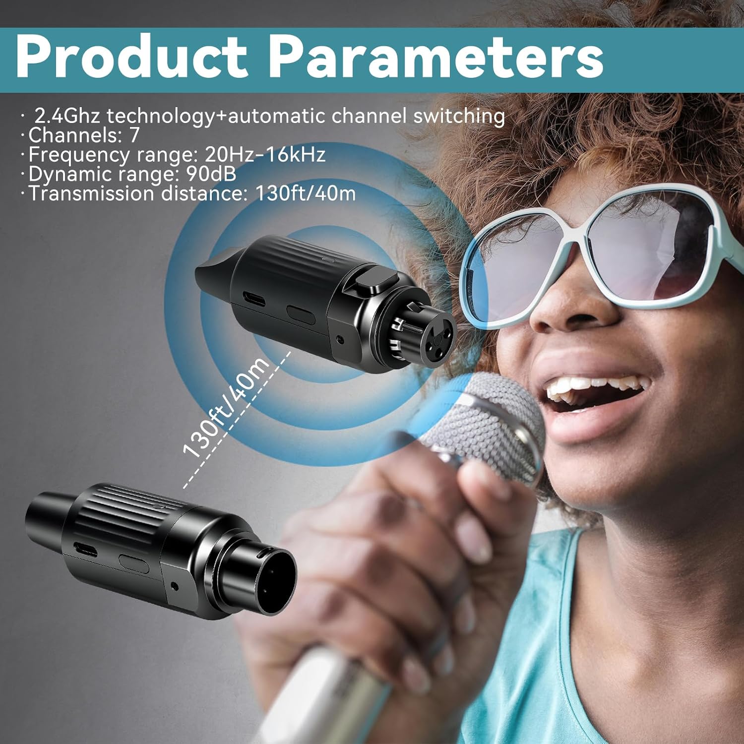 EASTROCK Wireless XLR Transmitter and Receiver for Microphones, 7-Channels 130ft Range, 2.4GHz Auto-Sync, for Stage Dynamic/Condenser Mics, PA Mixer, Studio, Church, Live Stream（Black）