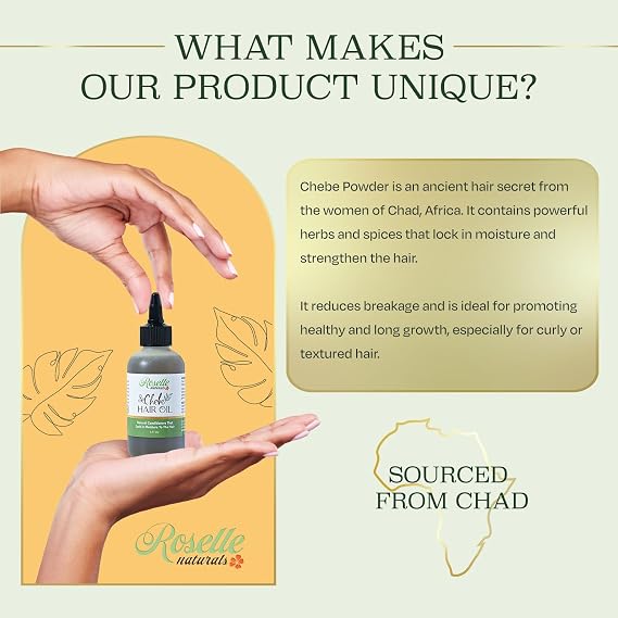 Roselle Naturals Chebe Oil for Hair Growth - Made in USA 4 Fl Oz - Hair Growth Oil, Grease for Stronger, Longer, Thicker Hair