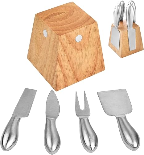 Juego de cuchillos de queso de acero inoxidable con soporte, juego de 4 cuchillos de queso esparcidor, tenedor de afeitadora con soporte de madera,