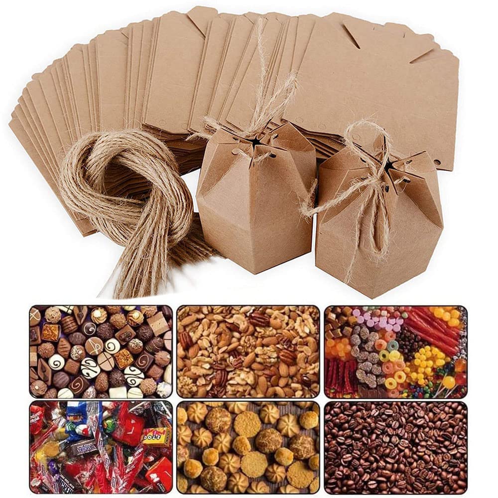 Lot De 50 Boîtes Cadeaux De Noël En Papier Kraft - Forme Maison, 10.5x7x5 Cm, Avec Corde De Chanvre - Pour Bonbons, Chocolats, Petits Cadeaux - 3