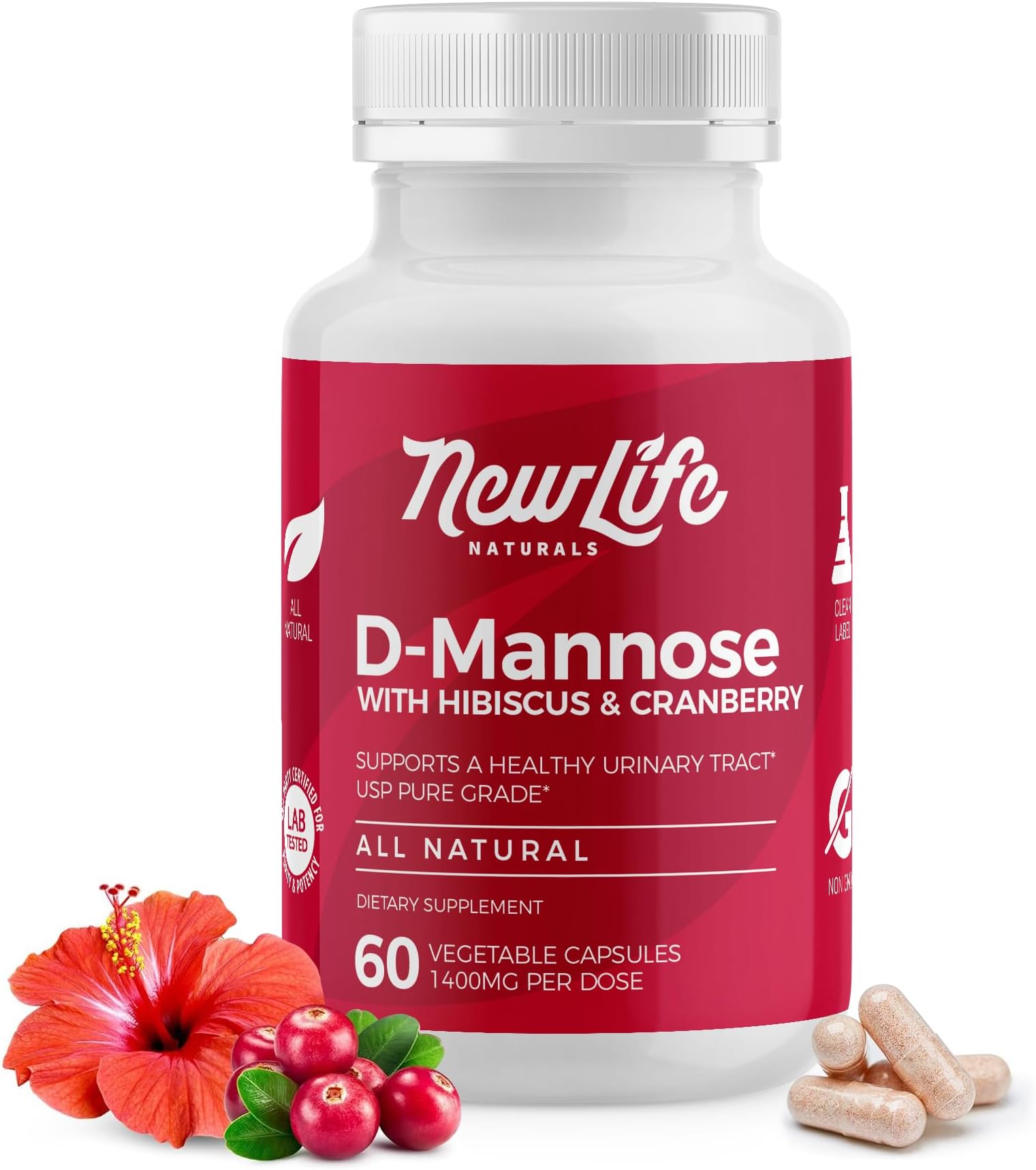NewLife Naturals D Mannose Capsules for Urinary Tract Relief : 1000Mg D Mannose with Cranberry Supplement for UTI Support - 60 Capsules