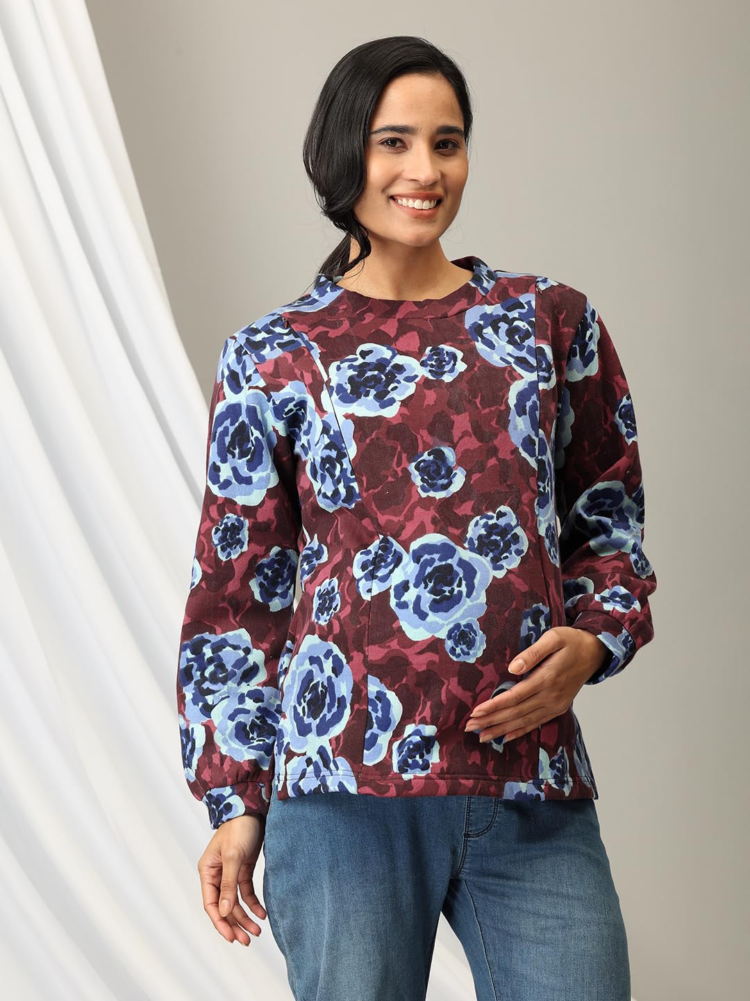 The Mom Store Maternity and Nursing Sweatshirt | Feeding Top for Pre and Post Pregnancy | Winterwear | Cotton | Wildflower Whimsy | L 1