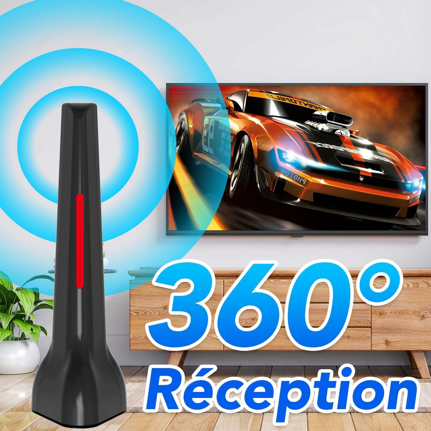 Antenne TV intérieur, Antenne TV Intérieur Puissante TNT HD 2026, Antennes TNT Intérieur Amplifiée pour Téléviseur Intelligent, Compatible DVB-T2 4K 1080P pour Chaînes Locales Gratuites (Rouge)